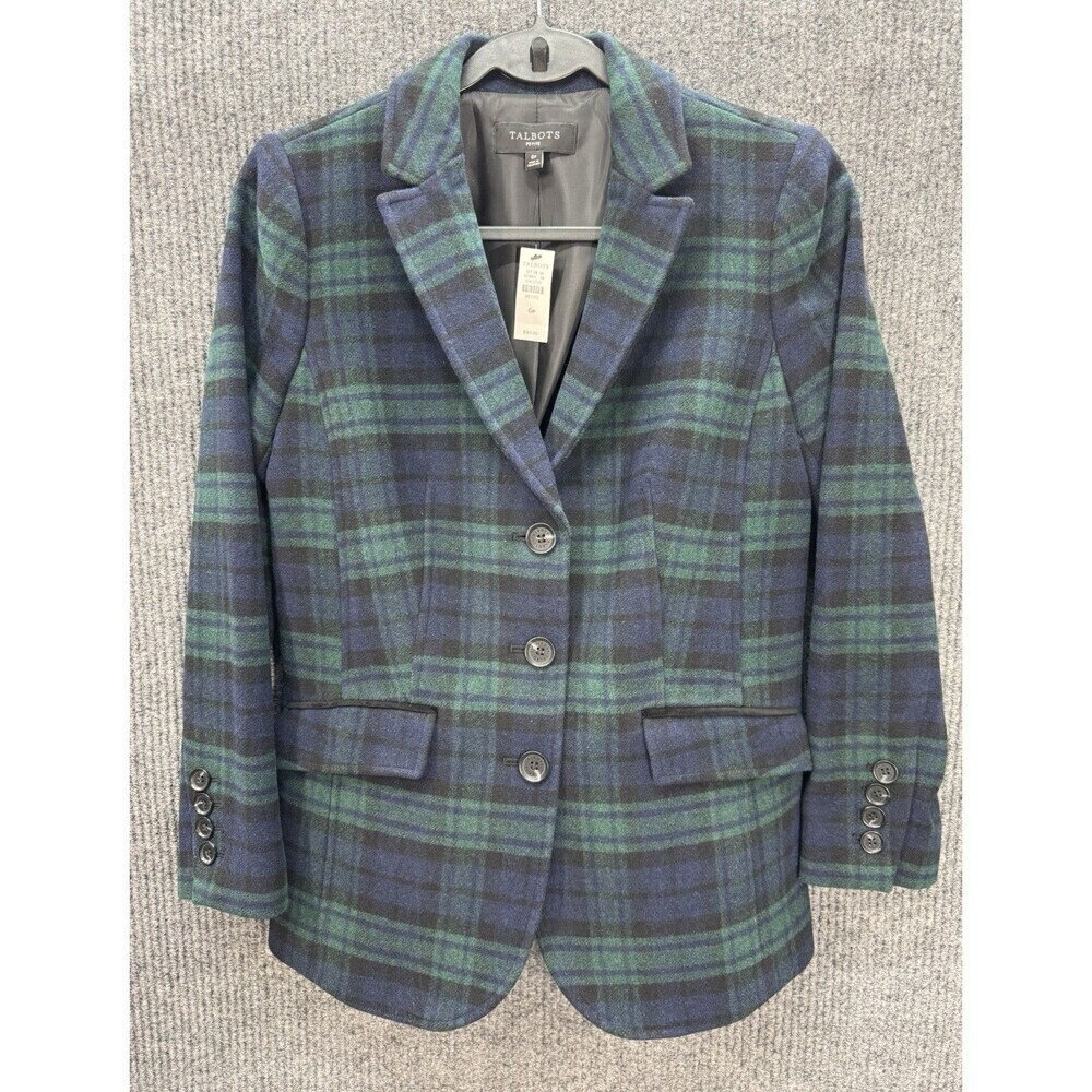 Talbots 6P Green Black Watch Tartan Plaid Long Wool Blend Blazer Jacket NEW - Picture 1 of 11